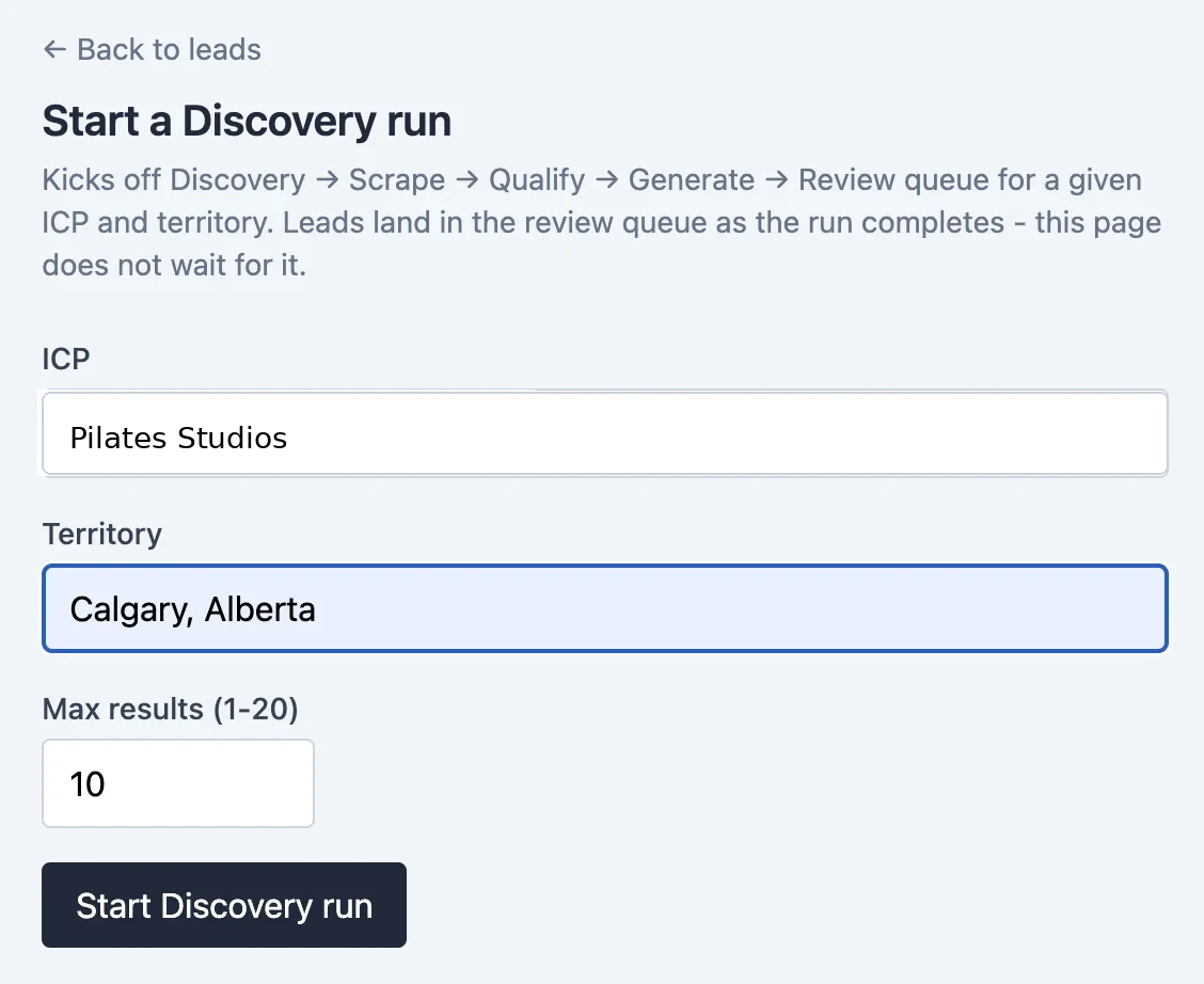 AI discovery portal configured for an ideal customer profile and territory