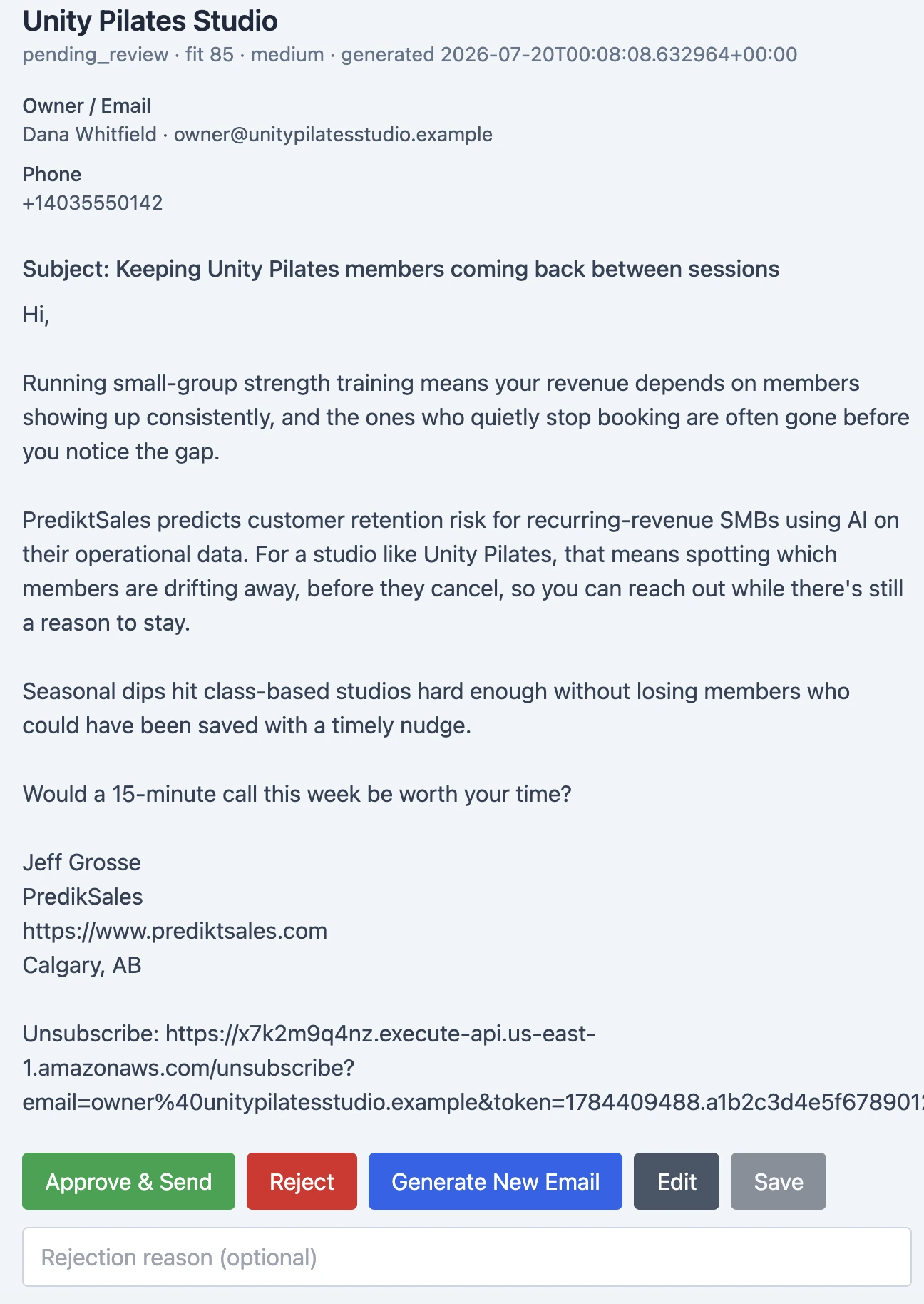 Human review screen for editing, regenerating, approving, or rejecting an AI-generated sales email