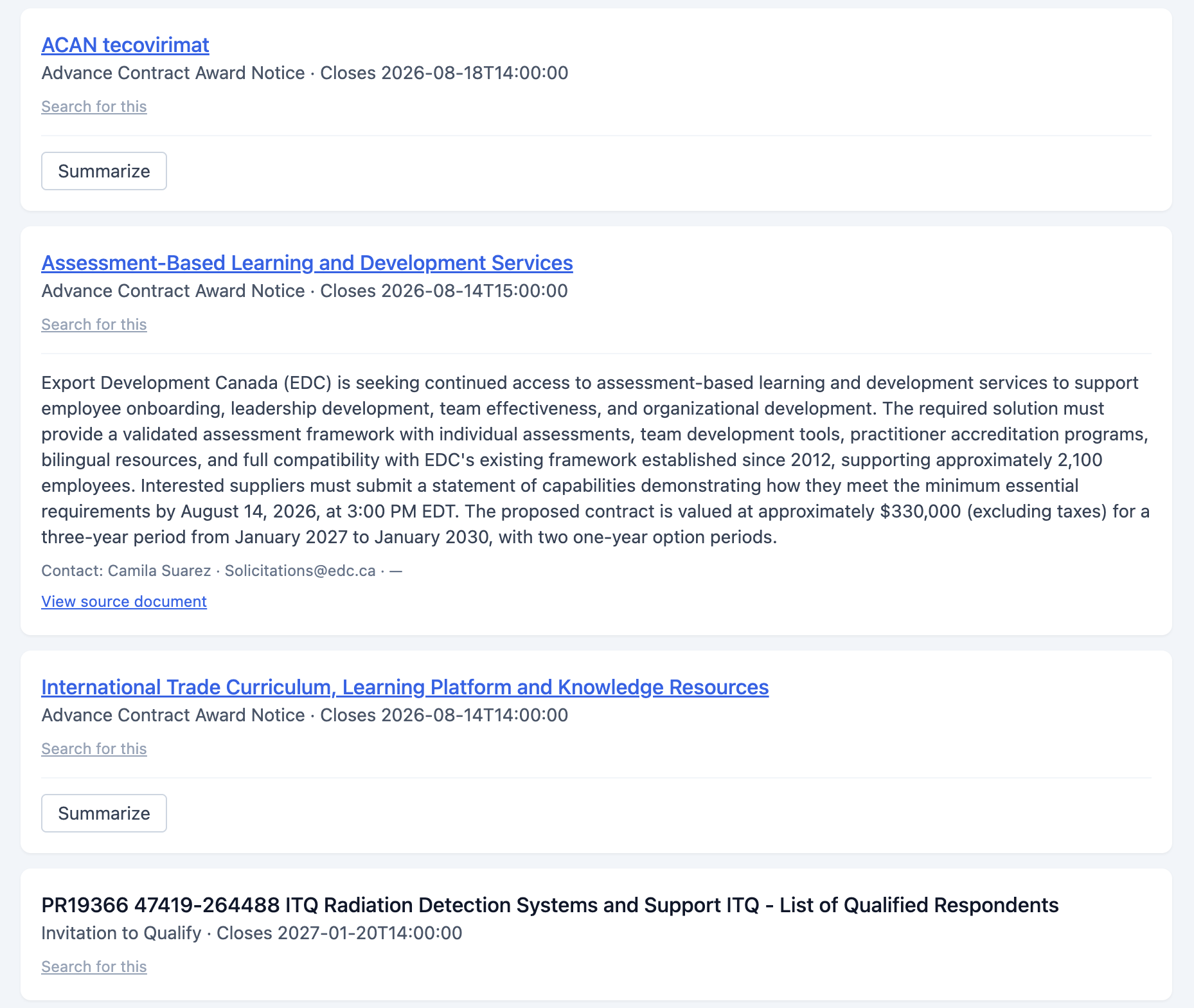 Amazon Bedrock tender summary with scope, deadline, requirements, and procurement contact