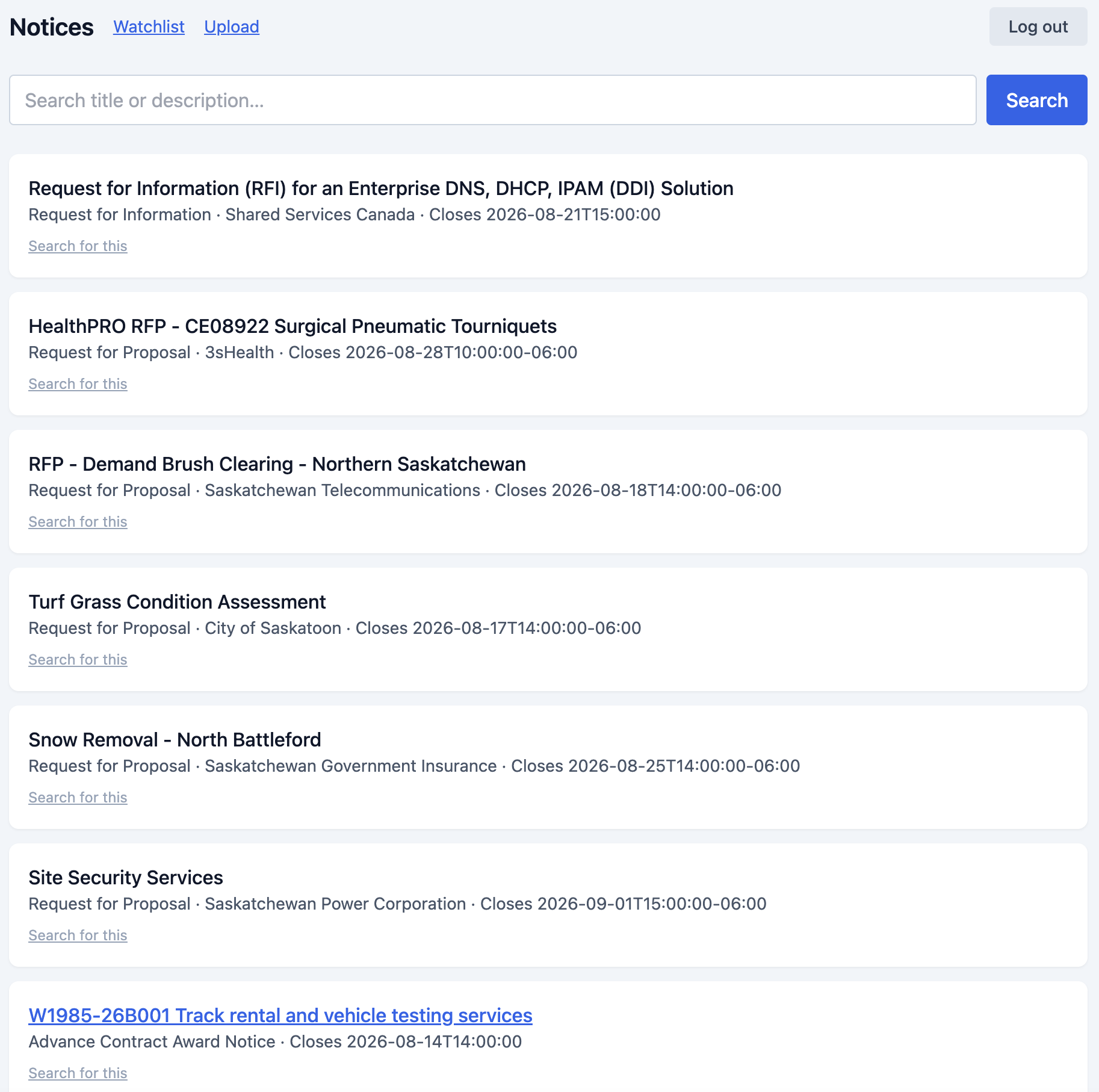 Searchable procurement notice feed with Canadian public sector opportunities
