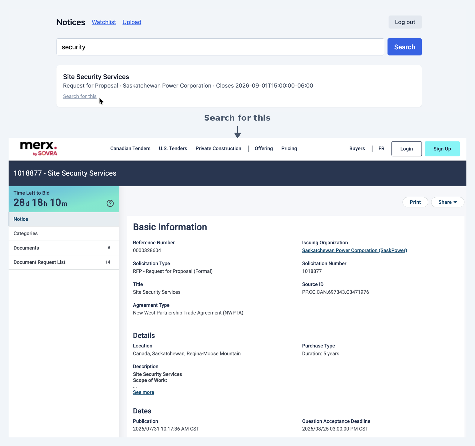 Procurement agent notice linked to the live MERX tender page