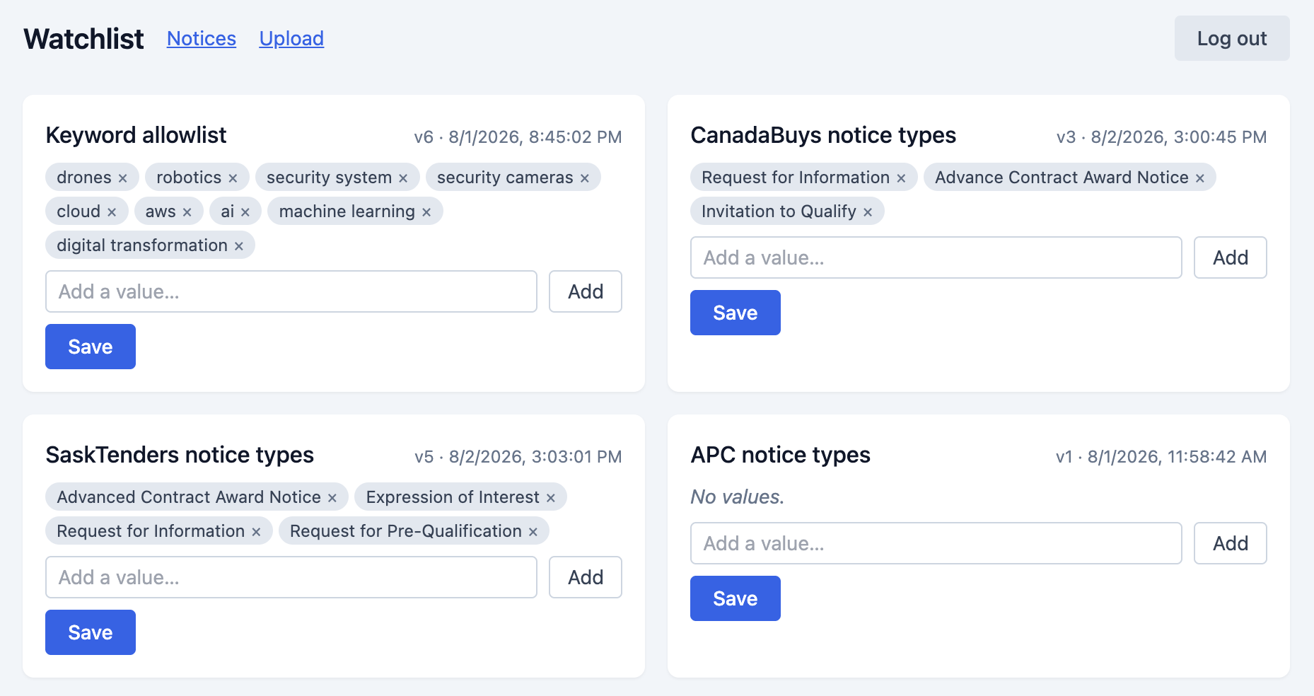 Procurement agent watchlist with keyword and notice-type allowlists